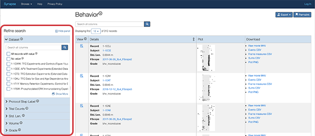 Default search results page of the Synapse Browser