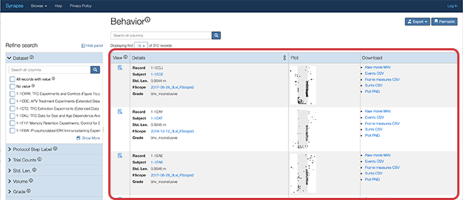 Default search results page of the Synapse Browser