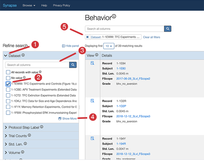 Filter sidebar of the Synapse Browser with callouts